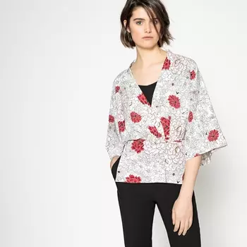 Жакет тонкий в стиле кимоно с поясом и цветочным рисунком