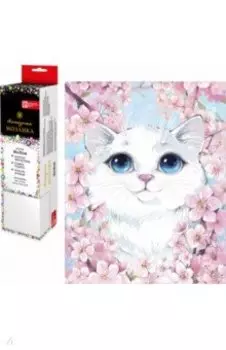 Алмазная мозаика Котик в сакуре, без подрамника