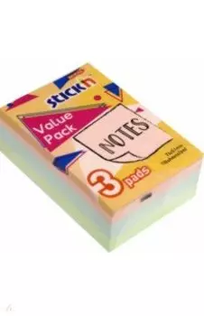 Блок для записей, самоклеящийся, 100 листов, 3 шт., пастельные цвета