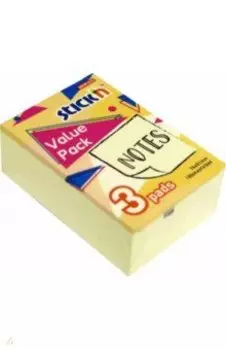 Блок для записей, самоклеящийся, 100 листов, 3 шт., пастельный желтый