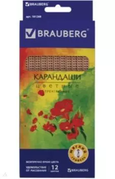 Карандаши 12 цветов BRAUBERG "Цветы" трехгранные (181288)