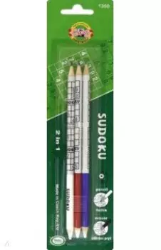 Карандаши чернографитные Sudoku, 2B, с затачиваемым ластиком, 3 штуки