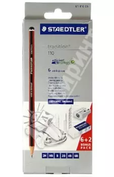 Карандаши чернографитные Tradition 110, 6 штук, 2H, HB, B, 2B, 4B, 6B + точилка, ластик (61110C6)