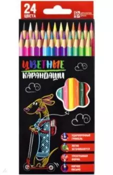 Карандаши цветные Такса на самокате, трехгранные, 24 цвета