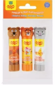 Набор клей-карандашей Зверята. Бобер, Леопард, Мышь, 3 штуки
