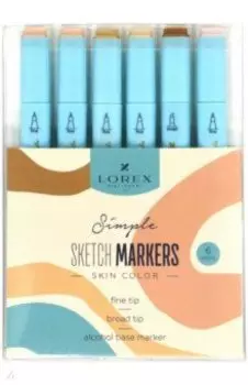 Набор маркеров для скетчинга Simple Skin, двусторонних, 6 цветов