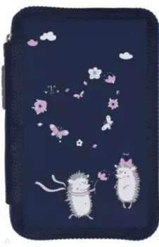 Пенал Ежики, на молнии, синий, 3 отделения