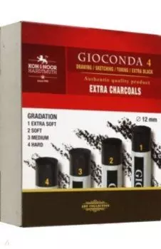 Уголь художественный черный мягкий Gioconda 8694, 2B-H, 4 штуки