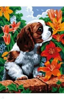 Живопись на холсте Щенок и лилии