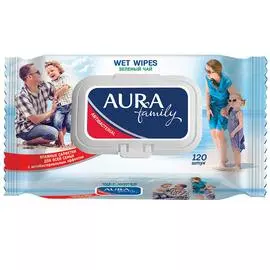 Аура Влажные салфетки для всей семьи FAMILY антибактериальные с крышкой 120шт