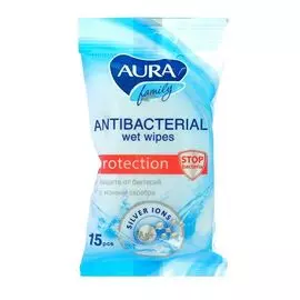 AURA Влажные салфетки с антибактериальным эффектом FAMILY 15шт