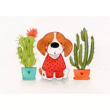 Авторская открытка Бигль и кактусы