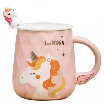 Кружка с крышкой и ложкой Крылатый единорог розовый