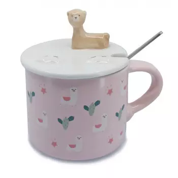 Кружка с крышкой и ложкой Лама розовая