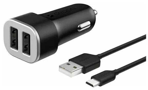 АЗУ 2 USB 2.4А + кабель micro USB, черный, Ultra, Deppa