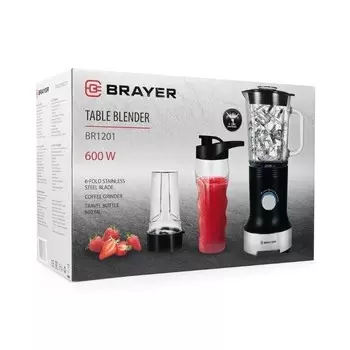 Блендер настольный Brayer BR1201, 600 Вт, 0,8 л, 6 ножей, импульс, кофемолка