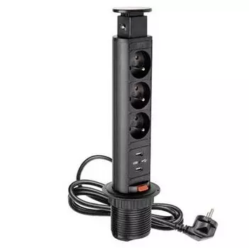 Блок выдвижных розеток 105S - 3 секции, 2 USB, чёрный, механический, 60 мм