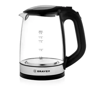 Чайник электрический Brayer BR1040BK, 220 Вт, 2 л, стекло, черный