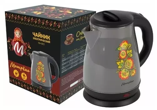 Чайник МАТРЁНА MA-003 электрический (1,7 л) стальной серый хохлома 006941