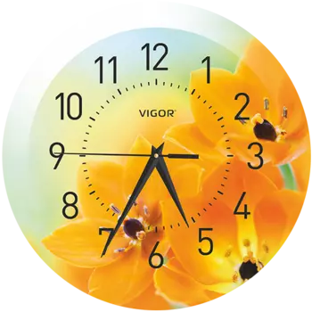 Часы настенные Vigor Д-29 Оранжевое настроение, диаметр часов 290 мм, минеральное стекло, печать на стекле и пластике, кварцевый механизм