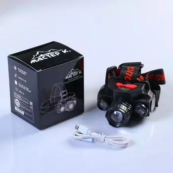 Фонарь налобный аккумуляторный, 3 режима, 7.5х6 см, заряд USB