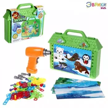 Конструктор в чемоданчике - Весёлые зверята, с электрическим шуруповёртом, 4 карточки, 57 деталей