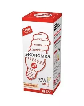 Лампа энергосберегающая ЭКОНОМКА SPC15wE2727eco, 15 Вт, теплый свет, цоколь 27, спираль Т3