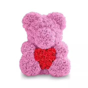 Мишка из роз с сердечком (40 см) в ассортименте, Розовый