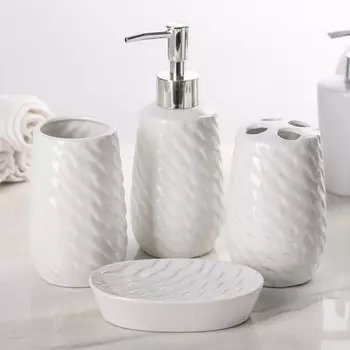 Набор аксессуаров для ванной комнаты, 4 предмета - Волны, белый