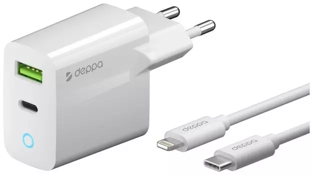Сетевая зарядка Deppa 11396 + кабель USB-C - Lightning, белый