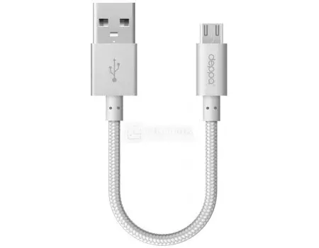 Кабель Deppa 72257, USB - micro USB, алюминий/ нейлон, 0,15м, Серебристый