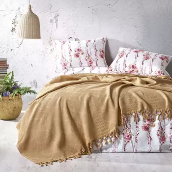 Постельное белье с покрывалом-пледом Mona цвет: песочный, белый, розовый (2 сп. евро)