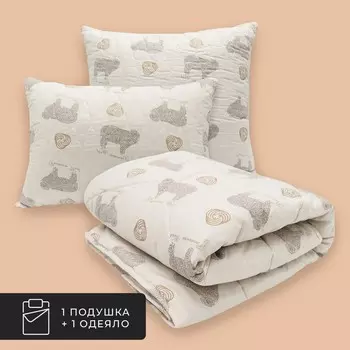 Набор 1 одеяло + 1 подушка Золотое руно, овечья шерсть в хлопковом тике (200х210, 70х70)