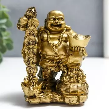 Нэцке Хотей с посохом, слитком, монетами, хулу (11х6х8 см)