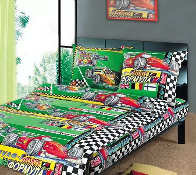 Детский комплект "Формула 1" на зеленом, размер 1,5-спальный
