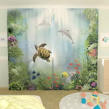 Шторы "Подводный мир" Голубой р. 260х150