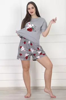 Жен. пижама "Клубничный зайка" Серый р. 50