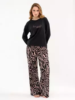 Жен. пижама с брюками "Энимал" Черно-бежевый р. 54
