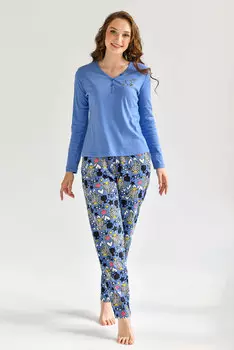 Жен. пижама с брюками "Мяу" Голубой р. 56