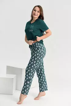 Жен. пижама с брюками "Ушастик" Темно-зеленый р. 56