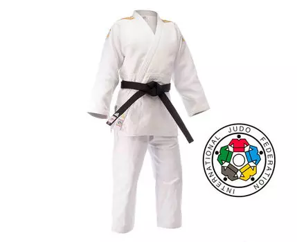 Кимоно для дзюдо Champion 2 IJF Slim Fit Premium белое с золотыми полосками Adidas