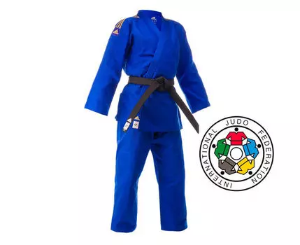 Кимоно для дзюдо Champion 2 IJF Slim Fit Premium синее с золотыми полосками Adidas