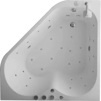 Акриловая ванна SSWW A2202DGSP 150x150 см, угловая, с гидромассажем, с ножками, со сливом-переливом, с донным клапаном, со смесителем, для двоих, с выдвижным душем и лейкой, четверть круга, слив по центру