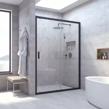Душевая дверь в нишу Vegas Glass ZP NOVO 155 02М 01 155 см, профиль матовый черный, стекло прозрачное
