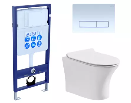 Комплект 3 в 1 инсталляция Акватек Standart 50 + Подвесной безободковый унитаз CeruttiSpa Bernina aria с кнопкой белой INS-0000012 + 7191 + KDI-0000021