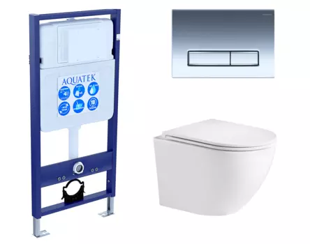 Комплект 3 в 1 инсталляция Акватек Standart 50 + Подвесной унитаз WeltWasser Merzbach 043 GL-WT с кнопкой хром INS-0000012 + 10000008254 + KDI-0000023