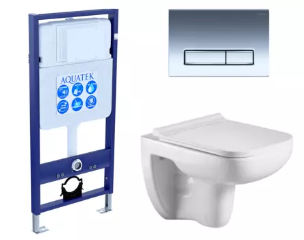 Комплект 3 в 1 инсталляция Акватек Standart 50 + Подвесной унитаз WeltWasser Kehlbach 004 GL-WT с кнопкой хром INS-0000012 + 10000003810 + KDI-0000023