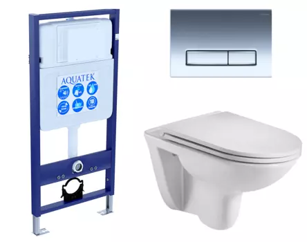 Комплект 3 в 1 инсталляция Акватек Standart 50 + Подвесной унитаз WeltWasser Baarbach 004 GL-WT с кнопкой хром INS-0000012 + 10000003811 + KDI-0000023