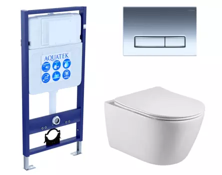 Комплект 3 в 1 инсталляция Акватек Standart 50 + Унитаз подвесной Акватек Вега AQ1905-00 с кнопкой хром INS-0000012 + AQ1905-00 + KDI-0000023