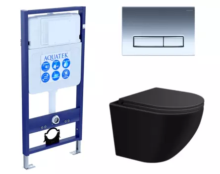 Комплект 3 в 1 инсталляция Акватек Standart 50 + Подвесной унитаз SinteSi EVI черный с кнопкой хром INS-0000012 + SIN-TS-EVI-151BM + KDI-0000023